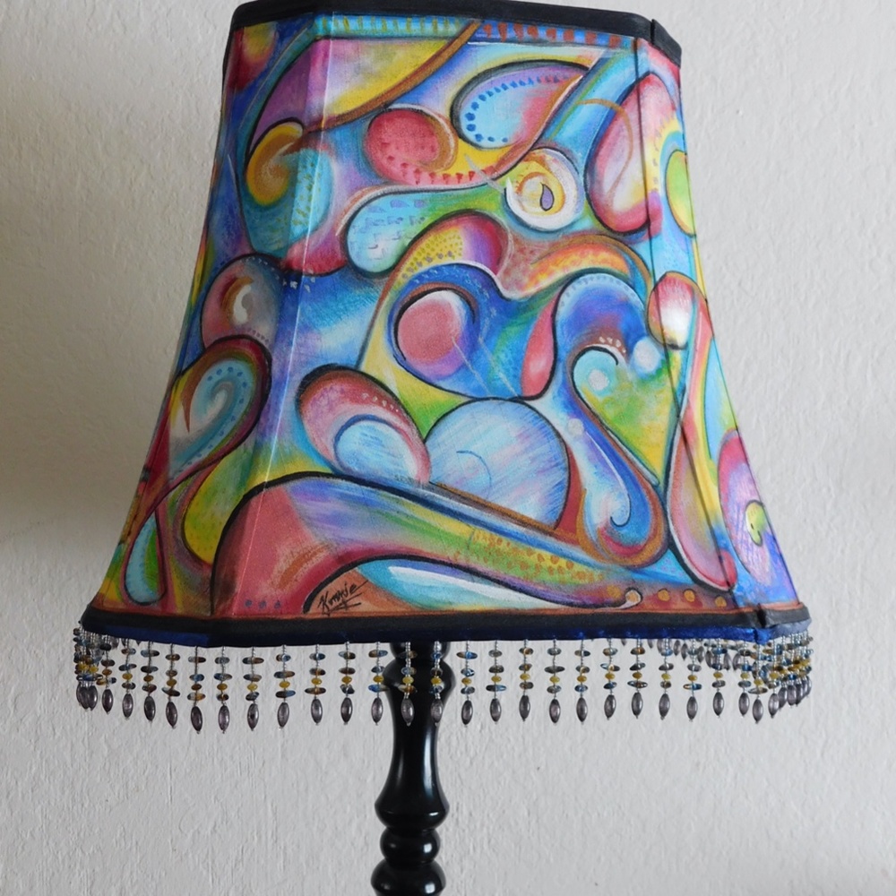 Large Hand Painted 360 Degrees Abstract Beaded Lg Square Lampshade
